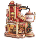 Productfoto van de Robotime Dream Gift Factory, houten bouwpakket van een fabriek die kerstcadeautjes maakt