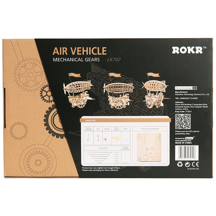 Achterkant verpakking van de Robotime Air Vehicle, houten modelbouw van een mechanische, rijdende steampunk zeppelin