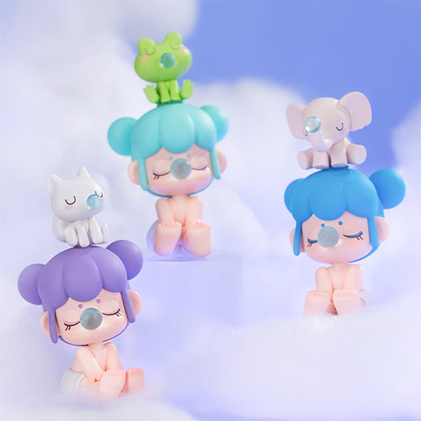 Lilac Purple, Vibrant Cyan en Sky Blue varianten van de Robotime Baby Nanci Seatmates blind box serie