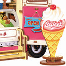 Het winkelbord in de vorm van een ijsje van de Robotime Beverly’s Ice Cream Truck