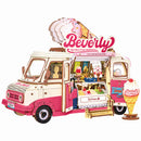 Productfoto van de Robotime Beverly’s Ice Cream Truck, houten bouwpakket van een roze-met-witte ijscowagen