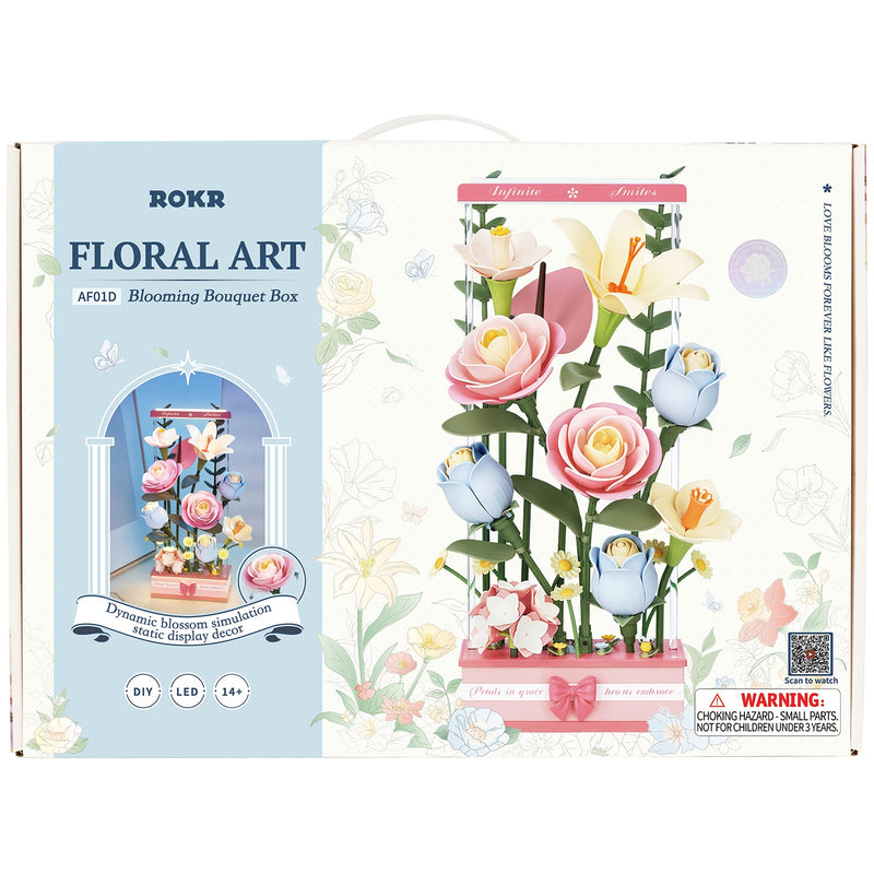 Voorkant verpakking van de Robotime Blooming Bouquet Box, mechanische bouwset van kunststof met bewegende bloemen