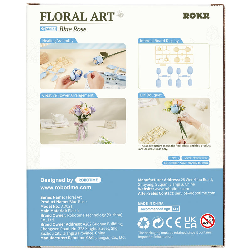 Achterkant verpakking van de Robotime Blue Rose, kunststof bouwpakket van een blauwe roos
