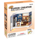 Voorkant verpakking van de Robotime Butter Bakery House, kunststof miniatuur bakkerijtje in een kleine display case