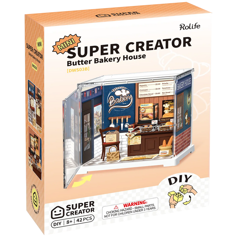 Voorkant verpakking van de Robotime Butter Bakery House, kunststof miniatuur bakkerijtje in een kleine display case