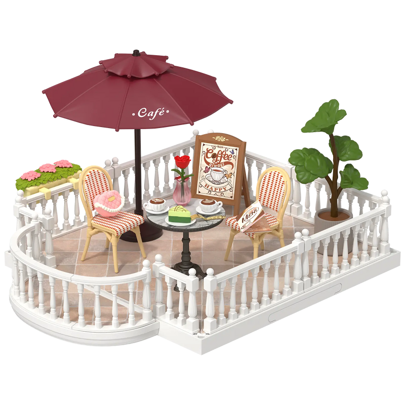Productfoto van de Robotime Chic Café Terrace, kunststof bouwpakket van een miniatuur dakterras voor de Super Creator serie