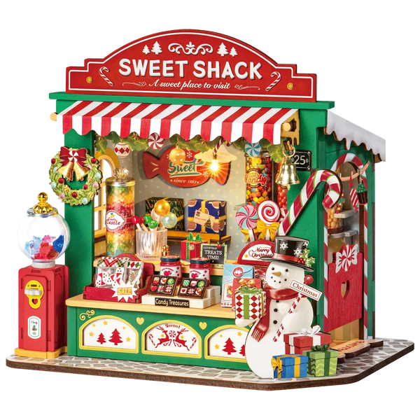 Productfoto van de Robotime Christmas Candy Stand, bouwpakket van een miniatuur snoepkraampje in kerstthema