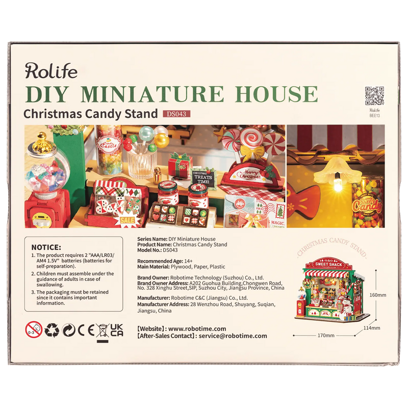 Achterkant verpakking van de Robotime Christmas Candy Stand, bouwpakket van een miniatuur snoepkraampje in kerstthema