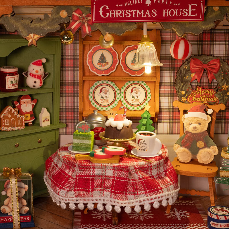 De woonkamer in kerstsfeer van de Robotime Christmas Eve Party