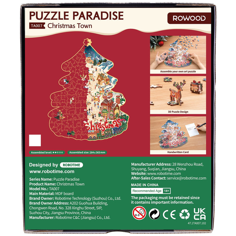 Achterkant verpakking van de Robotime Christmas Town, kerstboom legpuzzel met bijzondere stukjes, met daarop afgebeeld een dorp in kerstsfeer