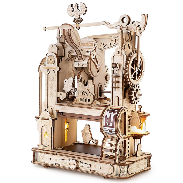 Productfoto van de Robotime Classic Printing Press, houten modelbouw van een werkende drukpers