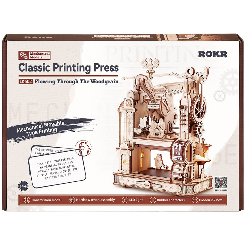 Voorkant verpakking van de Robotime Classic Printing Press, houten modelbouw van een werkende drukpers