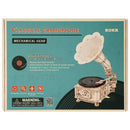 Voorkant verpakking van de Robotime Classical Gramophone, houten modelbouw van een elektrische grammofoon