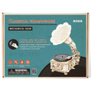 Voorkant verpakking van de Robotime Classical Gramophone, houten modelbouw van een werkende grammofoon