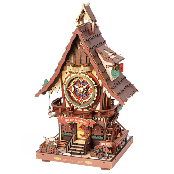 Productfoto van de Robotime Cuckoo Clock, houten bouwpakket van koekoeksklok met Alice in Wonderland thema
