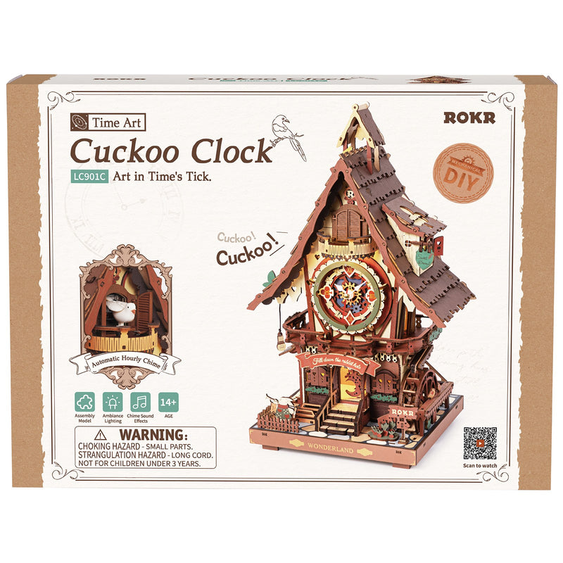 Voorkant verpakking van de Robotime Cuckoo Clock, houten bouwpakket van koekoeksklok met Alice in Wonderland thema