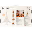 Achterkant verpakking van de Robotime Eiffel Tower Plus, houten modelbouw van een grote Eiffeltoren