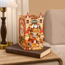 Sfeervolle presentatie van de Robotime Fairytale Amusement Park, houten bouwpakket van een book nook in de stijl van een ouderwets pretpark