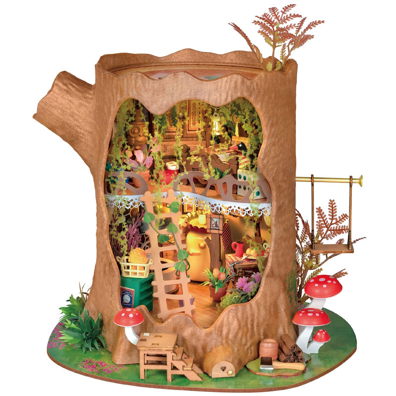 Productfoto van de Robotime Fairytale Tree House, bouwpakket van een miniatuurhuisje van twee verdiepingen in een holle boomstronk