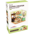 Voorkant verpakking van de Robotime Farmhouse Kitchen, kunststof miniatuur keukentje in vintage landelijke stijl