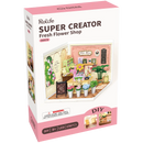 Voorkant verpakking van de Robotime Fresh Flower Shop, kunststof miniatuurhuisje van een gezellige bloemenwinkel