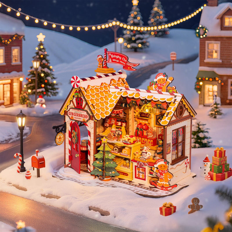 Sfeervolle presentatie van de Robotime Gingerbread House, miniatuurhuisje van een peperkoeken huisje in kerstsfeer