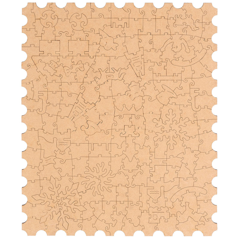 Achterkant van de Robotime Golden Autumn Carousel, legpuzzel met bijzondere stukjes, met daarop afgebeeld een ouderwetse carousel op een sneeuwachtige herfstdag