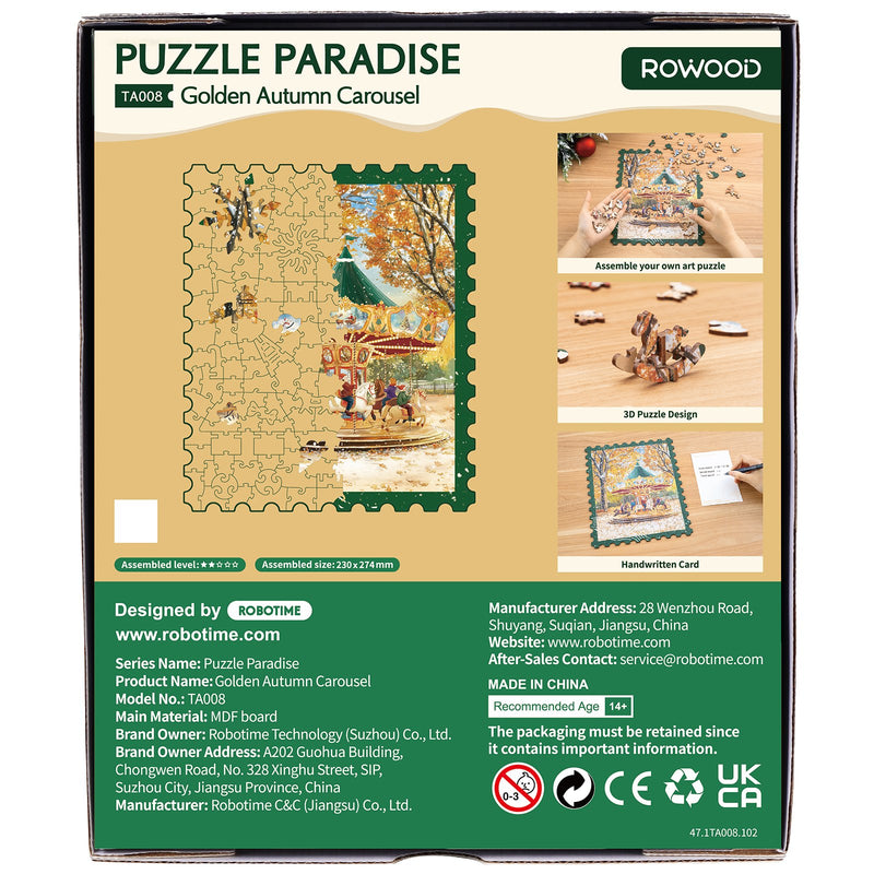 Achterkant verpakking van de Robotime Golden Autumn Carousel, legpuzzel met bijzondere stukjes, met daarop afgebeeld een ouderwetse carousel op een sneeuwachtige herfstdag