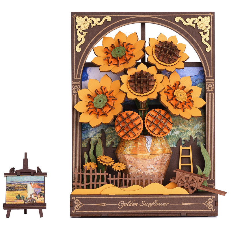 Productfoto van de Robotime Golden Sunflower, houten diorama bouwpakket geïnspireerd op van Gogh’s zonnebloemen