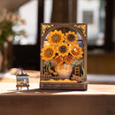 Sfeervolle presentatie van de Robotime Golden Sunflower, houten diorama bouwpakket geïnspireerd op van Gogh’s zonnebloemen