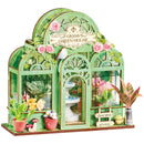 Productfoto van de Robotime Green Fountain Garden, bouwpakket voor een miniatuurhuisje van een bloemenwinkel in een sierlijke tuinkas