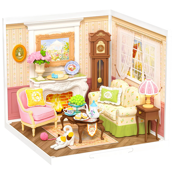 Productfoto van de Robotime Holiday Tea Time, kunststof miniatuur huiskamertje waar een gezellig theemomentje plaatsvindt