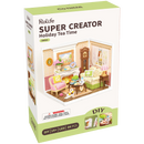 Voorkant verpakking van de Robotime Holiday Tea Time, kunststof miniatuur huiskamertje waar een gezellig theemomentje plaatsvindt