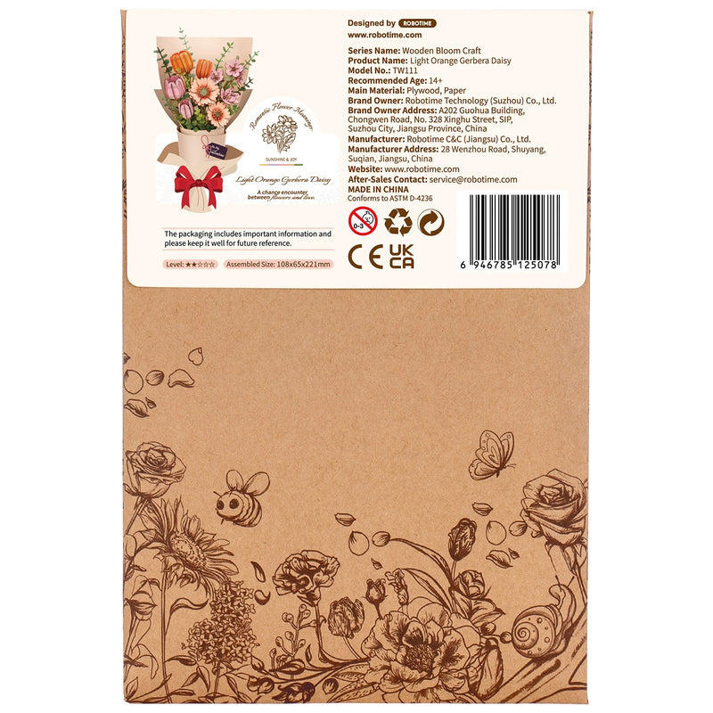 Achterkant verpakking van de Robotime Light Orange Gerbera, houten bouwpakket van een lichtoranje gerbera