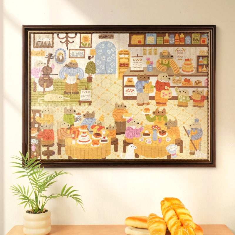 Sfeervolle presentatie van de Robotime Lively Puppies’ Bakery, 1.000 stukjes legpuzzel van een gezellige bakkerij met antropomorfe, winkelende honden