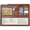 Achterkant verpakking van de Robotime Lively Puppies’ Bakery, 1.000 stukjes legpuzzel van een gezellige bakkerij met antropomorfe, winkelende honden