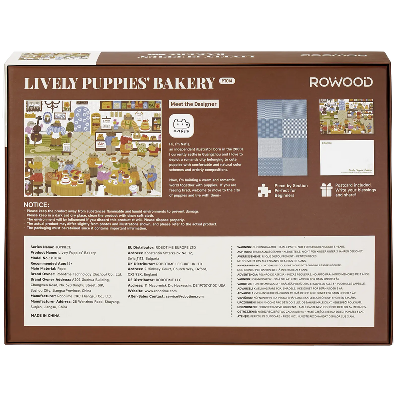 Achterkant verpakking van de Robotime Lively Puppies’ Bakery, 1.000 stukjes legpuzzel van een gezellige bakkerij met antropomorfe, winkelende honden