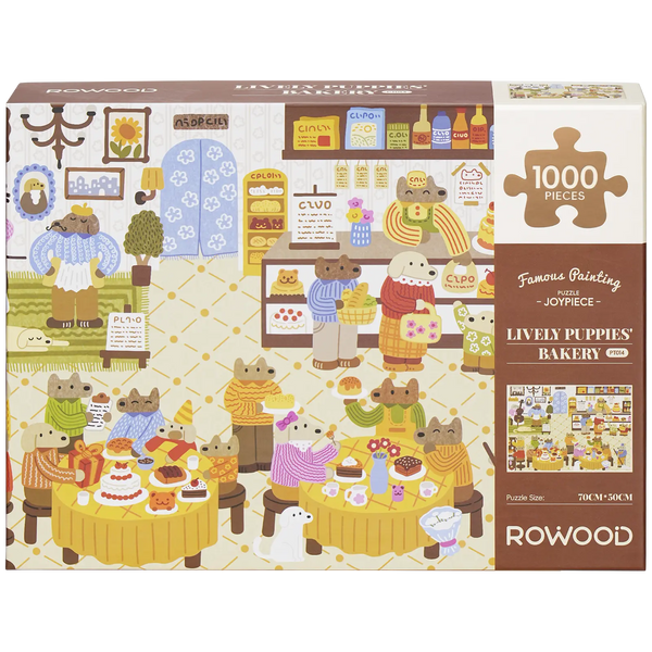 Voorkant verpakking van de Robotime Lively Puppies’ Bakery, 1.000 stukjes legpuzzel van een gezellige bakkerij met antropomorfe, winkelende honden