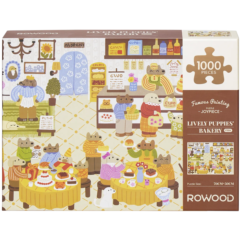 Voorkant verpakking van de Robotime Lively Puppies’ Bakery, 1.000 stukjes legpuzzel van een gezellige bakkerij met antropomorfe, winkelende honden