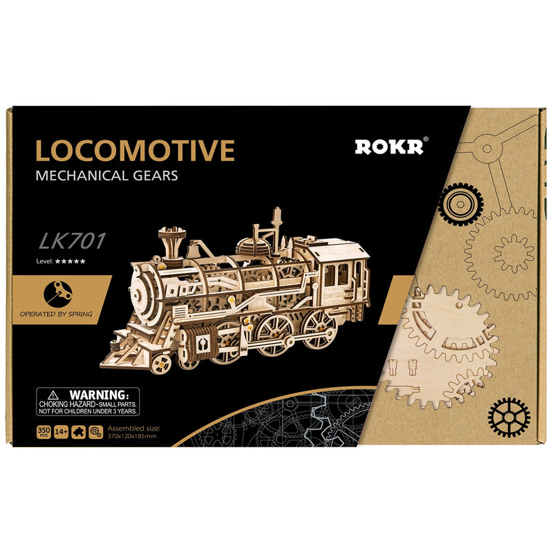 Voorkant verpakking van de Robotime Locomotive, houten modelbouw van een mechanische, rijdende stoomlocomotief