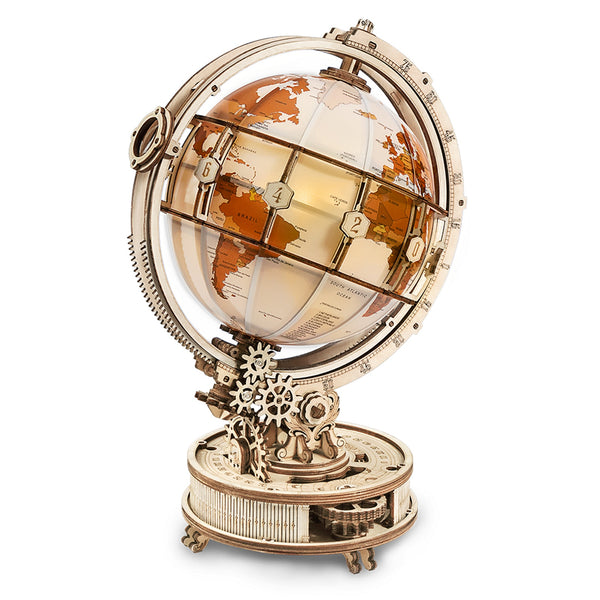 Productfoto van de Robotime Luminous Globe, houten modelbouw van een verlichte wereldbol