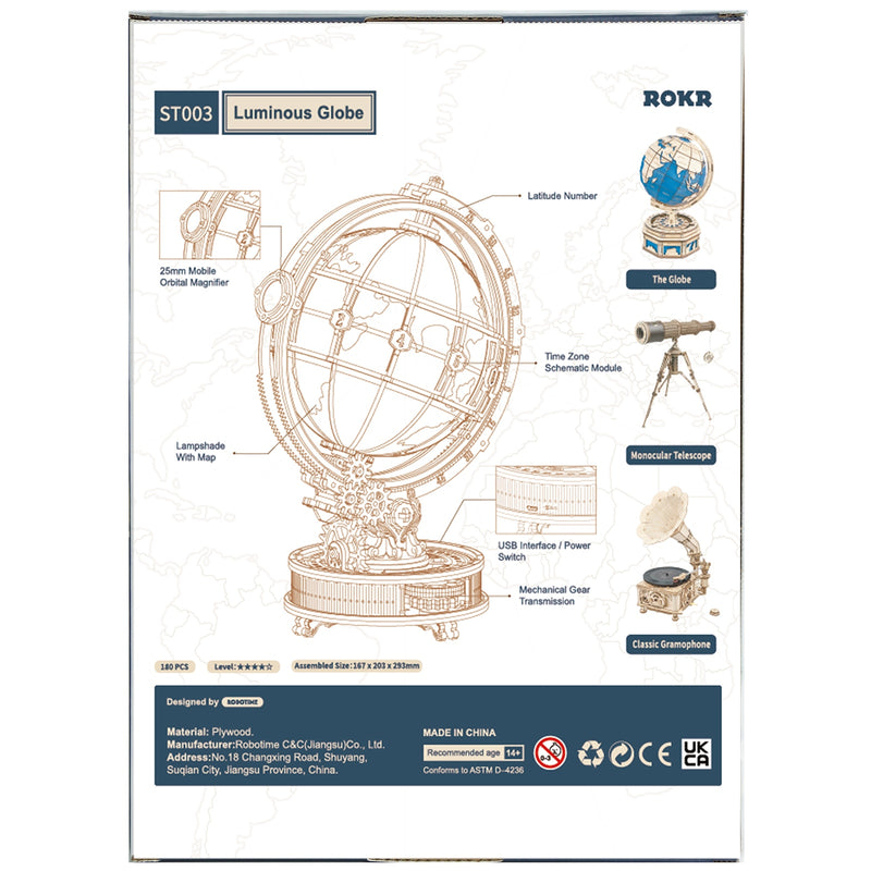 Achterkant verpakking van de Robotime Luminous Globe, houten modelbouw van een verlichte wereldbol