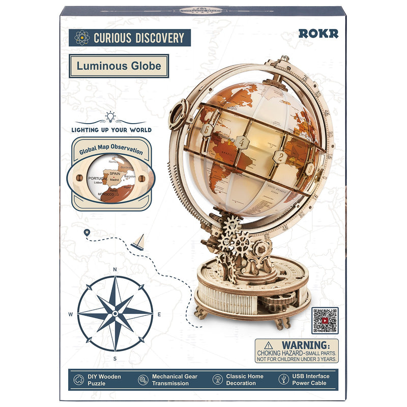 Voorkant verpakking van de Robotime Luminous Globe, houten modelbouw van een verlichte wereldbol