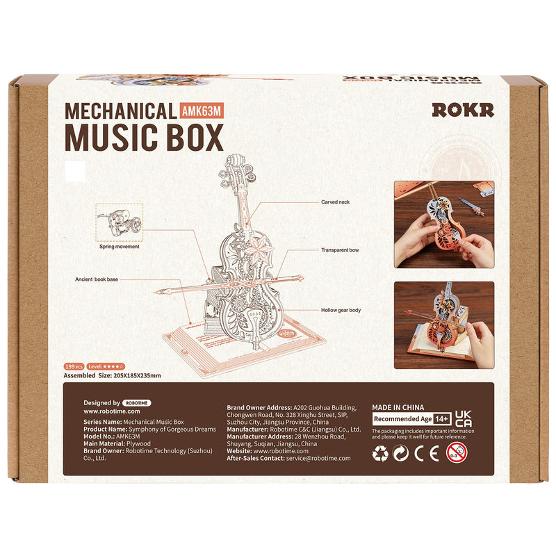 Achterkant verpakking van de Robotime Magic Cello - Symphony of Gorgeous Dreams, houten bouwpakket van een muziekdoos in de vorm van een bewegende, gekleurde cello