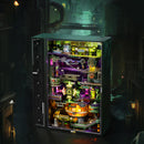 Sfeervolle presentatie van de Robotime Marble Run Alchemy City, groen en paarse kunststof knikkerbaan met een futuristisch thema