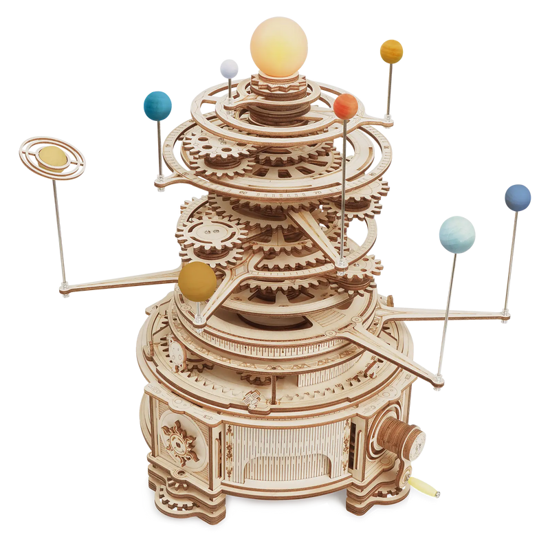 Productfoto van de Robotime Mechanical Orrery, mechanische houten modelbouw van een zonnestelsel