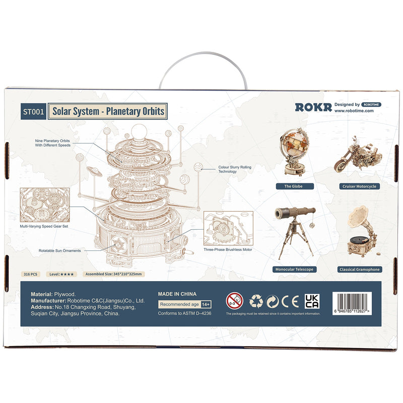 Achterkant verpakking van de Robotime Mechanical Orrery, mechanische houten modelbouw van een zonnestelsel
