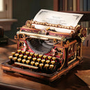 Sfeervolle presentatie van de Robotime Mechanical Typewriter (Magic Version), houten bouwpakket van een stijlvol rode, functionerende typemachine met Alice in Wonderland thema