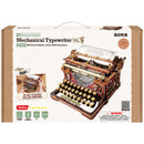 Voorkant verpakking van de Robotime Mechanical Typewriter (Magic Version), houten bouwpakket van een stijlvolle rode, functionerende typemachine met Alice in Wonderland thema