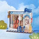 Sfeervolle presentatie van de Robotime Melody Instrument Shop, bouwpakket voor een miniatuurhuisje van een muziekwinkel